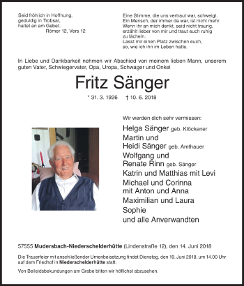 Traueranzeige von Fritz Sänger von Siegener Zeitung
