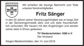 Traueranzeige von Fritz Sänger von Siegener Zeitung