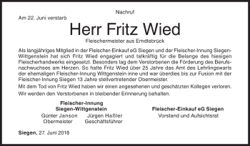 Traueranzeige von Fritz Wied von Siegener Zeitung