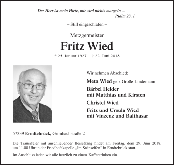 Traueranzeige von Fritz Wied von Siegener Zeitung