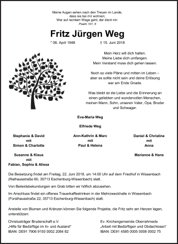 Traueranzeige von Fritz Jürgen Weg von Siegener Zeitung