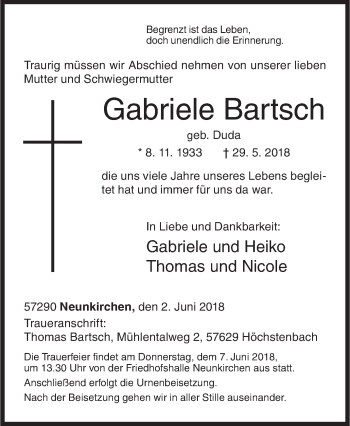 Traueranzeige von Gabriele Bartsch von Siegener Zeitung