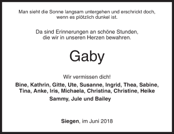 Traueranzeige von Gaby  von Siegener Zeitung