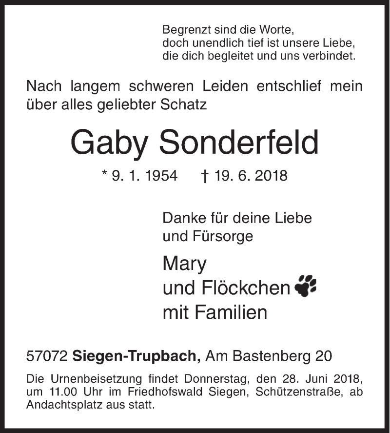  Traueranzeige für Gaby Sonderfeld vom 22.06.2018 aus Siegener Zeitung