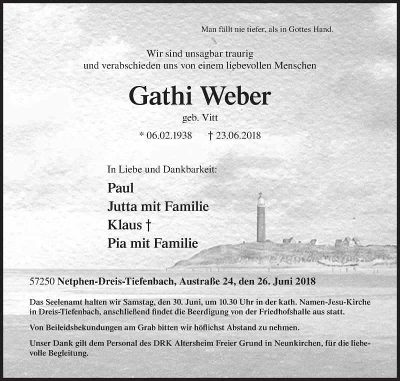  Traueranzeige für Gathi Weber vom 26.06.2018 aus Siegener Zeitung