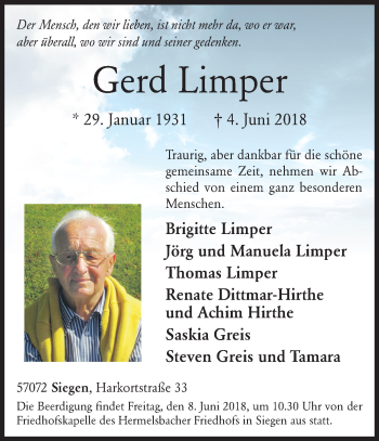 Traueranzeige von Gerd Limper von Siegener Zeitung