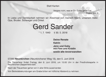 Traueranzeige von Gerd Sander von Siegener Zeitung