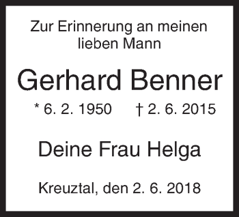Traueranzeige von Gerhard Benner von Siegener Zeitung