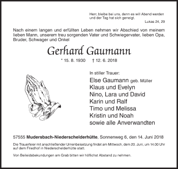 Traueranzeige von Gerhard Gaumann von Siegener Zeitung