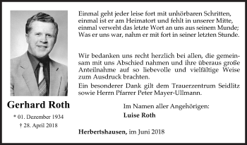 Traueranzeige von Gerhard Roth von Siegener Zeitung