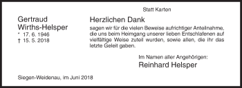 Traueranzeige von Gertraud Wirths-Helsper von Siegener Zeitung