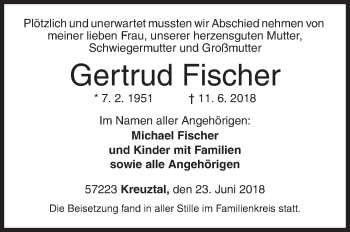 Traueranzeige von Gertrud Fischer von Siegener Zeitung