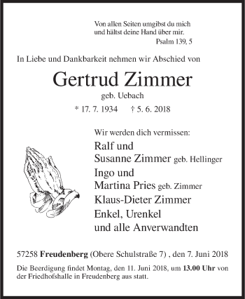 Traueranzeige von Gertrud Zimmer von Siegener Zeitung