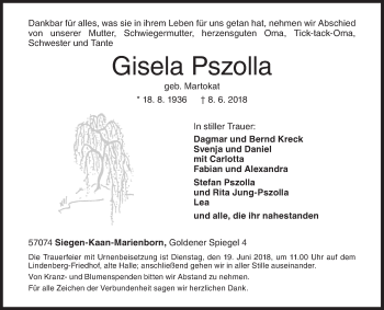 Traueranzeige von Gisela Pszolla von Siegener Zeitung