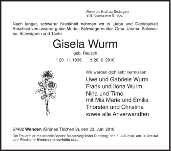 Traueranzeige von Gisela Wurm von Siegener Zeitung