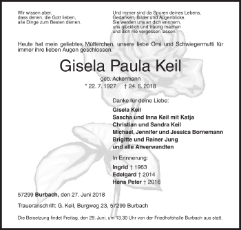 Traueranzeige von Gisela Paula Keil von Siegener Zeitung