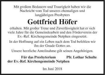 Traueranzeige von Gottfried Höfer von Siegener Zeitung