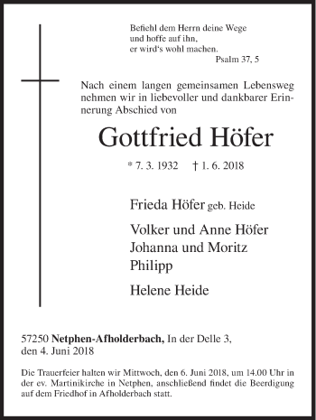 Traueranzeige von Gottfried Höfer von Siegener Zeitung