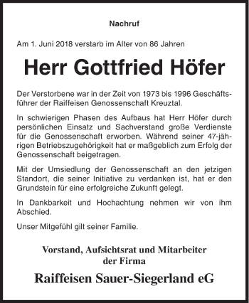 Traueranzeige von Gottfried Höfer von Siegener Zeitung
