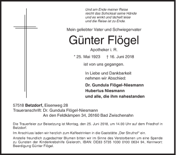 Traueranzeige von Günter Flögel von Siegener Zeitung