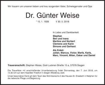 Traueranzeige von Günter Weise von Siegener Zeitung