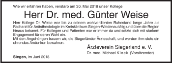 Traueranzeige von Günter Weise von Siegener Zeitung