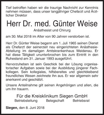 Traueranzeige von Günter Weise von Siegener Zeitung