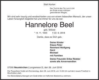 Traueranzeige von Hannelore Beel von Siegener Zeitung