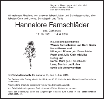 Traueranzeige von Hannelore Farnschläder von Siegener Zeitung