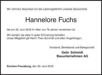 Traueranzeige von Hannelore Fuchs von Siegener Zeitung