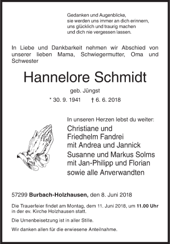 Traueranzeige von Hannelore Schmidt von Siegener Zeitung