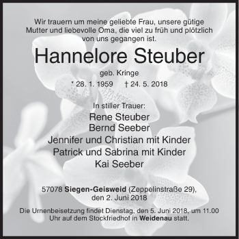 Traueranzeige von Hannelore Steuber von Siegener Zeitung