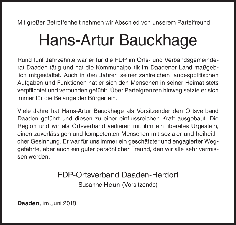  Traueranzeige für Hans-Artur Bauckhage vom 20.06.2018 aus Siegener Zeitung