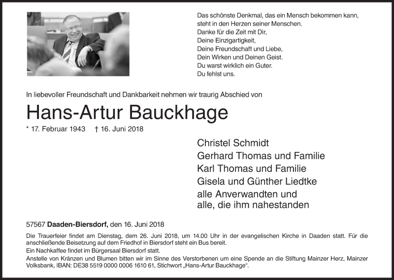  Traueranzeige für Hans-Artur Bauckhage vom 20.06.2018 aus Siegener Zeitung