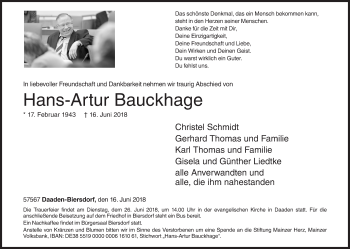 Traueranzeige von Hans-Artur Bauckhage von Siegener Zeitung