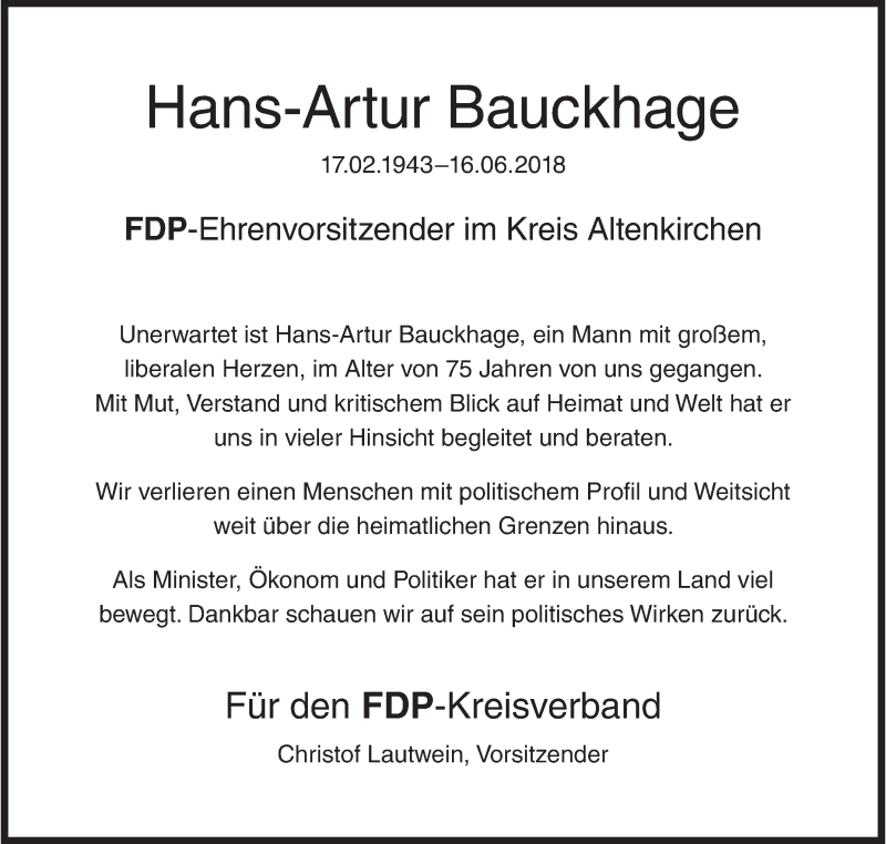  Traueranzeige für Hans-Artur Bauckhage vom 20.06.2018 aus Siegener Zeitung