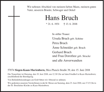Traueranzeige von Hans Bruch von Siegener Zeitung