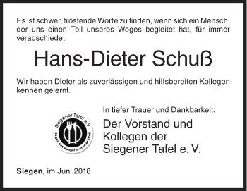 Traueranzeige von Hans-Dieter Schuß von Siegener Zeitung