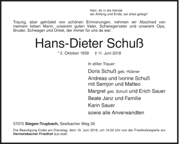 Traueranzeige von Hans-Dieter Schuß von Siegener Zeitung
