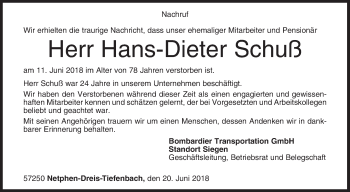 Traueranzeige von Hans-Dieter Schuß von Siegener Zeitung