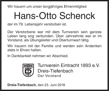 Traueranzeige von Hans-Otto Schenck von Siegener Zeitung