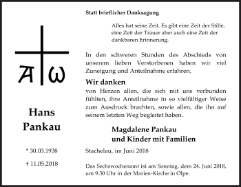 Traueranzeige von Hans Pankau von Siegener Zeitung