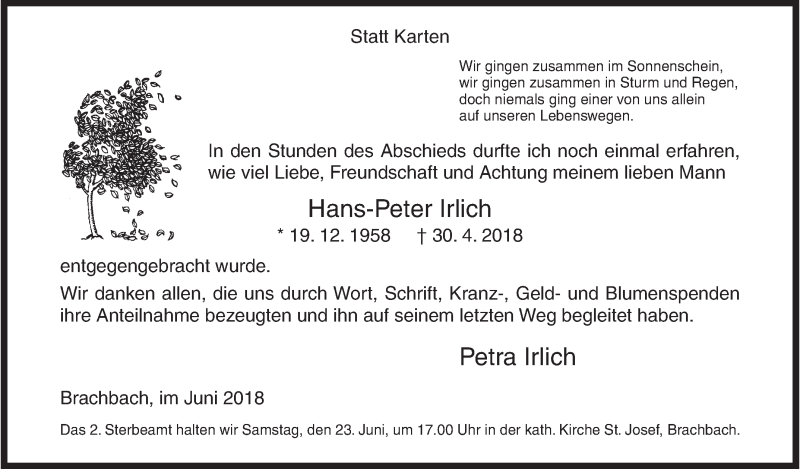  Traueranzeige für Hans-Peter Irlich vom 16.06.2018 aus Siegener Zeitung