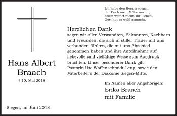 Traueranzeige von Hans Albert Braach von Siegener Zeitung
