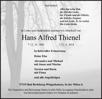 Traueranzeige von Hans Alfred Thienel von Siegener Zeitung