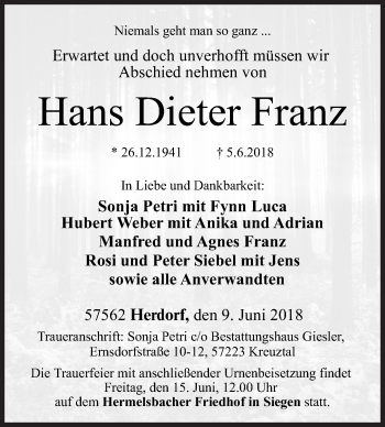 Traueranzeige von Hans Dieter Franz von Siegener Zeitung