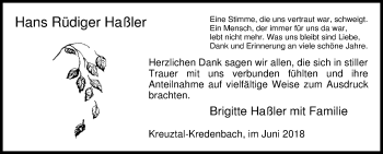 Traueranzeige von Hans Rüdiger Haßler von Siegener Zeitung