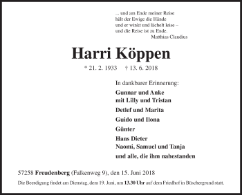 Traueranzeige von Harri Köppen von Siegener Zeitung