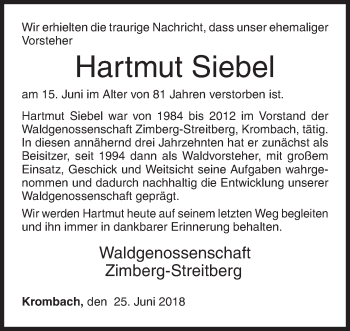 Traueranzeige von Hartmut Siebel von Siegener Zeitung