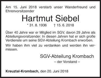 Traueranzeige von Hartmut Siebel von Siegener Zeitung